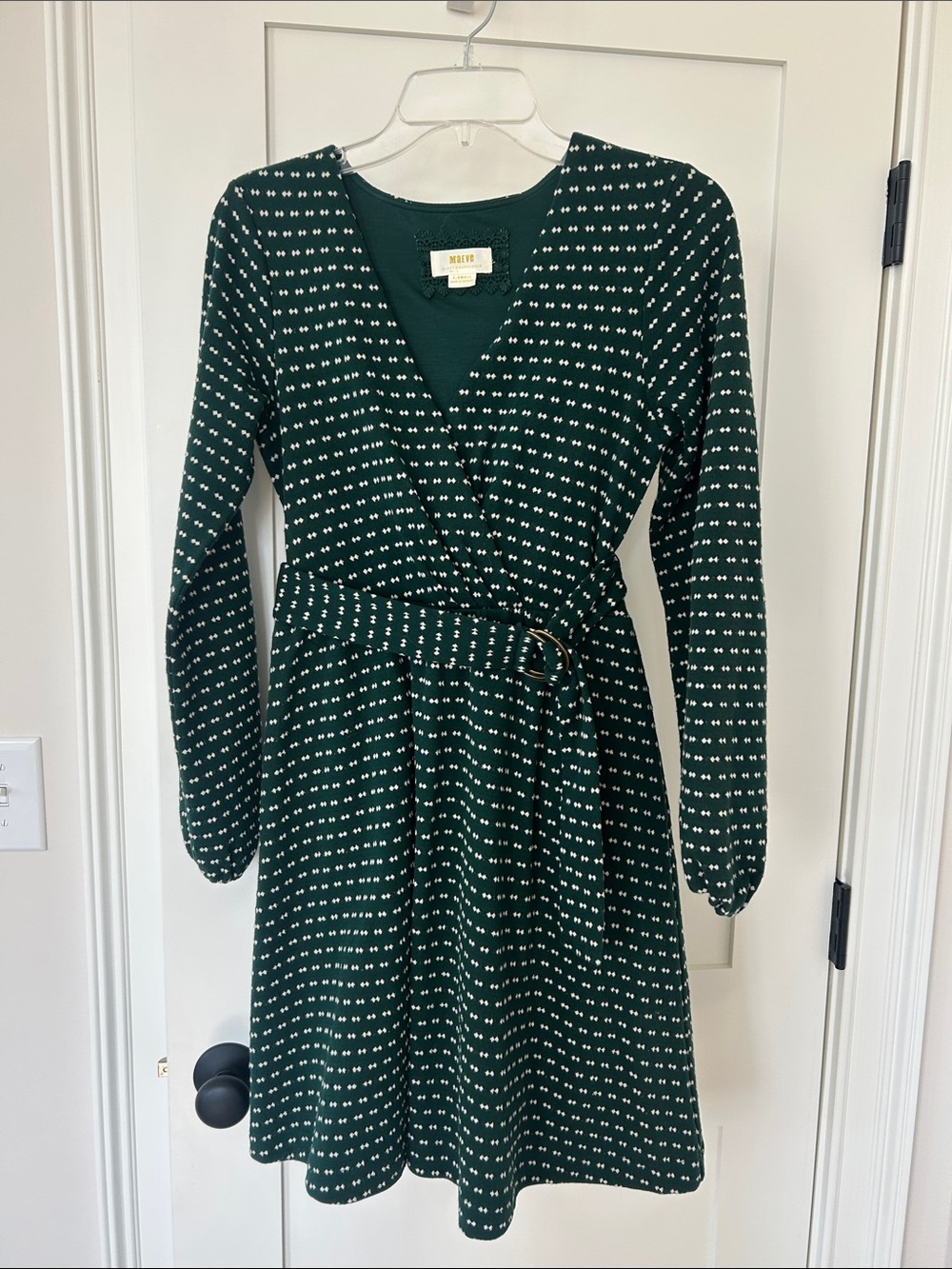 Maeve Forest Green Long-Sleeve Wrap Dress with White Dot Print